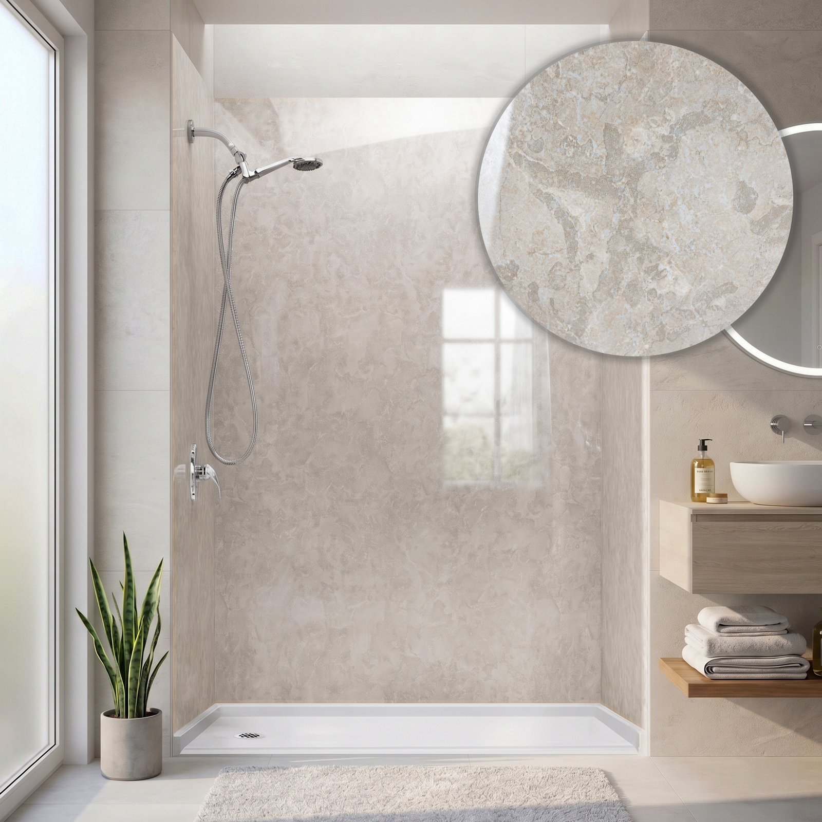 Desert Stone acrylic 3-panel shower wall kit 40 x 60 x 98 installed in a modern bathroom with white shower base, chrome hand shower and close-up of the beige stone pattern