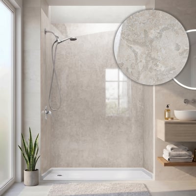 Desert Stone acrylic 3-panel shower wall kit 40 x 60 x 98 installed in a modern bathroom with white shower base, chrome hand shower and close-up of the beige stone pattern