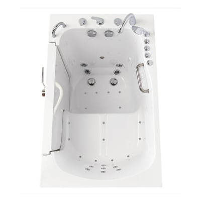 Top-down view of the Ella Transfer XXL walk-in tub with hydro jets, grab bars, and outward swing door