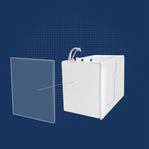 Exploded diagram highlighting the removable end panel on an Ella walk-in tub against a blue blueprint background