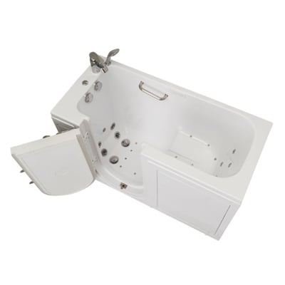 Ella walk-in tub with outward swing door open, showing hydro jets, built-in lounger seat, grab bar, and chrome faucet