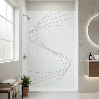 Kit de pared de ducha de 3 piezas en acrílico Ella Wave con patrón de diseño de remolinos y cabezal de ducha Moen en níquel cepillado en un baño moderno