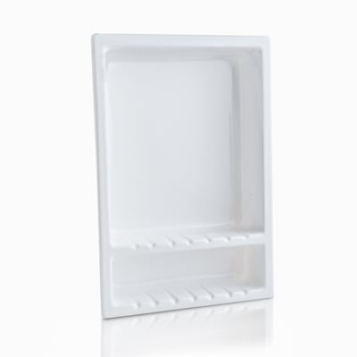 White acrylic Ella's Bubbles recessed shower soap niche with ribbed shelves for walk-in shower storage