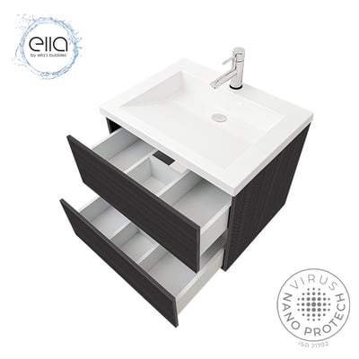 Meuble-lavabo de salle de bain Ella Ebony avec deux tiroirs de rangement ouverts, lavabo rectangulaire blanc et robinet chromé monotrou