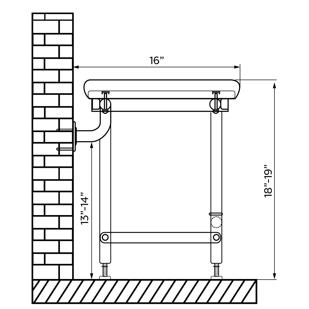 Side view drawing of the Ella fold-up shower chair showing the 18 to 19 inch seat height