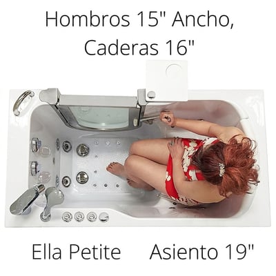 Vista aérea de una mujer sentada dentro de la bañera con puerta Ella Petite que muestra el ancho de hombros de 15 pulgadas y las dimensiones del asiento de 19 pulgadas
