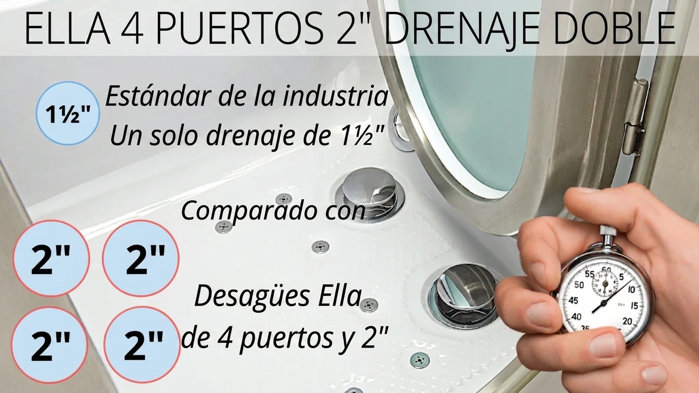 Infografía que compara el sistema de drenaje dual de 2 pulgadas y 4 puertos de la bañera con puerta Ella con el drenaje único estándar de la industria de 1,5 pulgadas con un cronómetro