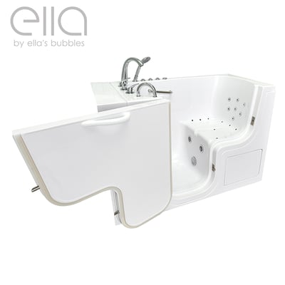Ella's Bubbles Transfer PC walk-in tub with open side door, hydro massage jets, and chrome faucet set on white background