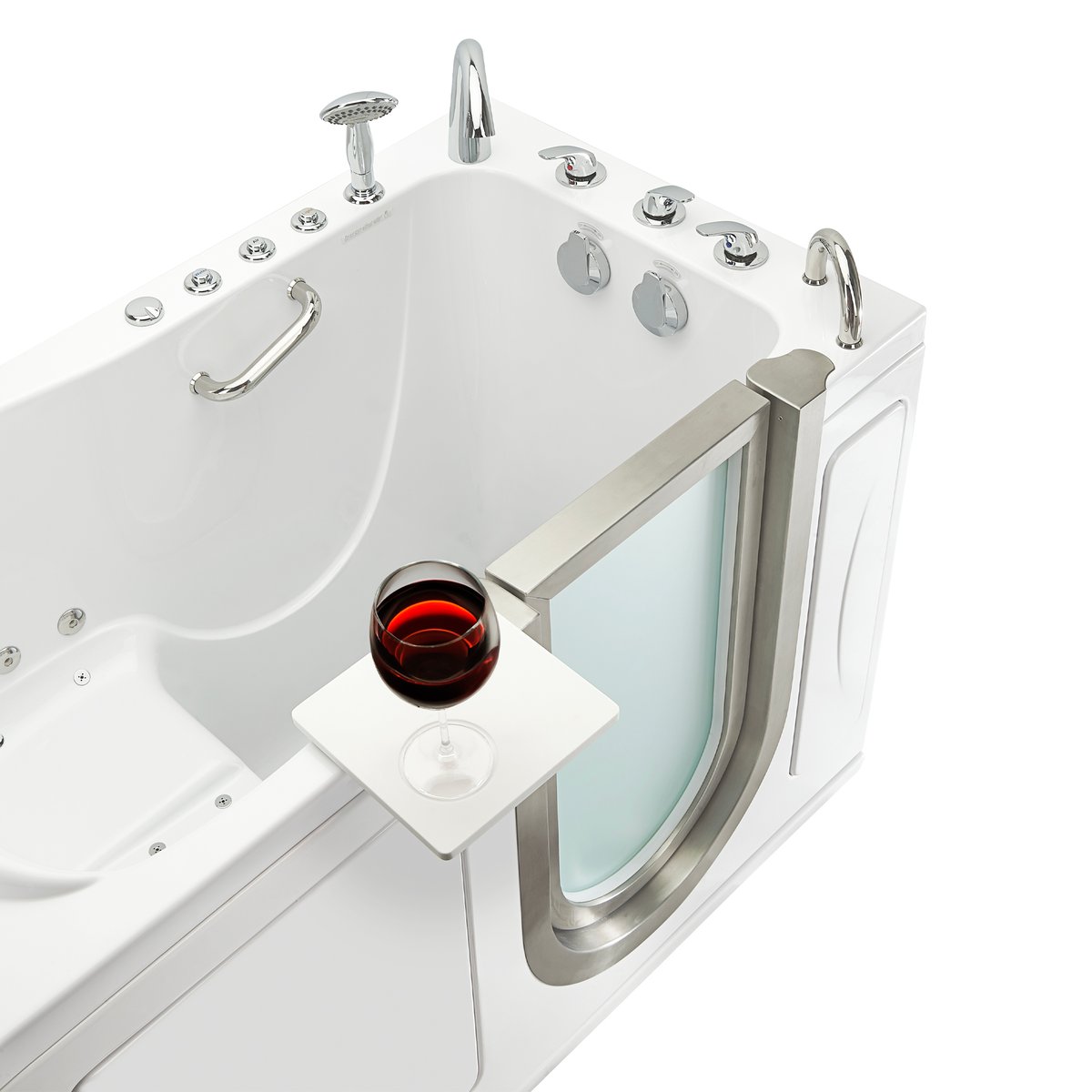 Ella Elite 30x52 walk-in tub with frosted stainless steel inward-swing door, chrome 5-piece faucet and swivel tray
