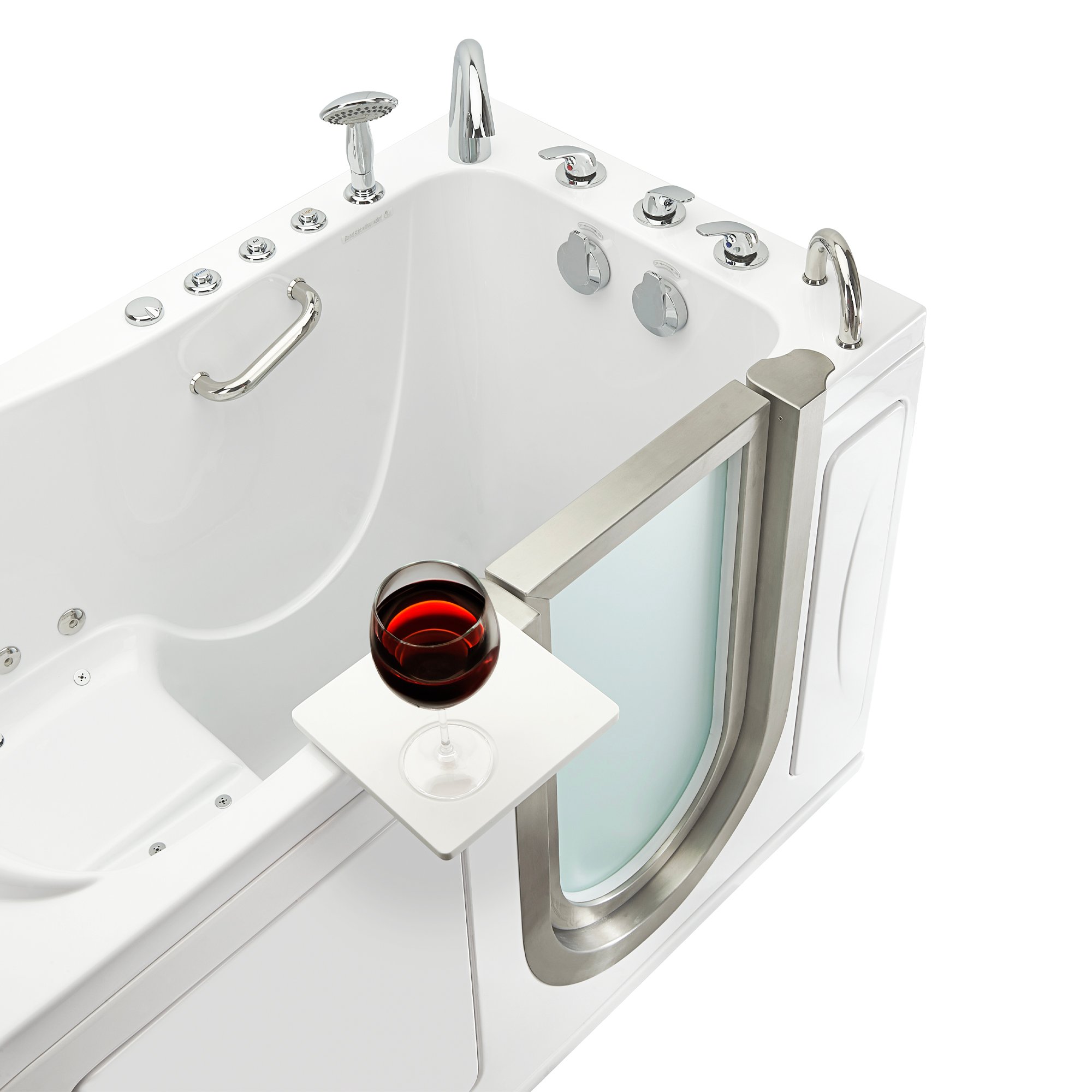 Ella Elite 30x52 walk-in tub with frosted stainless steel inward-swing door, chrome 5-piece faucet and swivel tray