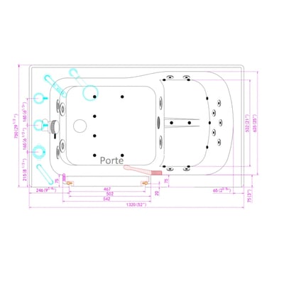 Schéma dimensionnel vue de dessus de la baignoire à porte Ella Classe S 30x52 avec porte à droite, drain et repères de positionnement des jets