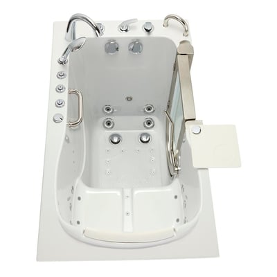 Top-down view of the Ella Elite 30x52 walk-in tub showing hydro jets, grab bar, open door, and anti-slip floor