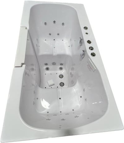 Overhead view of Ella Tub4Two walk-in bathtub interior showing air, hydro, and foot massage jets with outward swing door