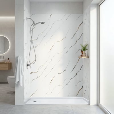 Kit de paneles acrílicos para pared de ducha Ella Calacatta Gold con alcachofa de mano cromada y estante de esquina integrado en baño moderno