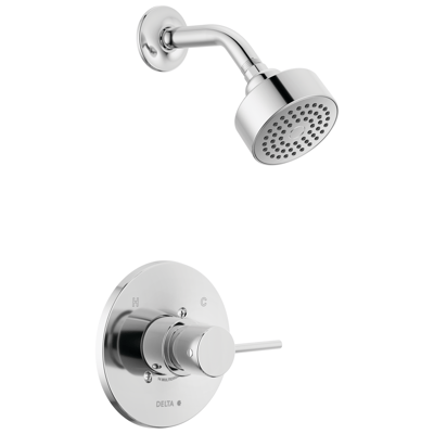 Chrome Delta single-handle shower trim kit with round wall-mount showerhead and hot-cold control valve