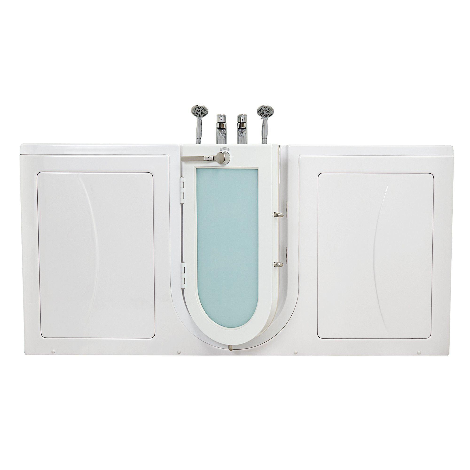 Vue de face de la baignoire à porte deux places en acrylique Ella Big4Two, avec porte en verre dépoli s'ouvrant vers l'extérieur et deux douchettes