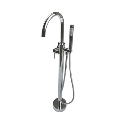 Chrome floor-standing bathtub faucet with gooseneck spout, dual lever handles, and handheld shower wand on flexible hose