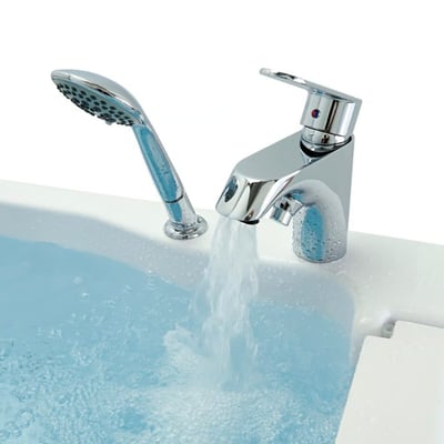 Chrome single-lever faucet and handheld showerhead running water into the Ella Ultra acrylic walk-in tub