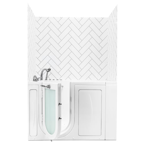 White herringbone pattern CNC engraved wall surround kit rising behind an Ella walk in bathtub with chrome fixtures