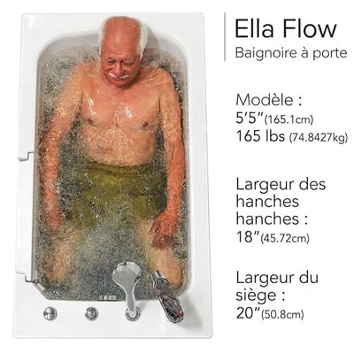 Homme senior se relaxant dans la baignoire à porte Ella Flow avec jets d’hydromassage en fonctionnement – vue de dessus montrant le siège et les dimensions de la baignoire