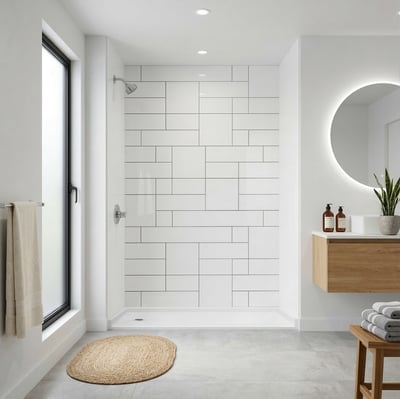Kit de pared de ducha acrílico de 3 piezas Ella Arrayed con patrón de azulejo tipo metro blanco, grifería Moen y plato de ducha abierto sin barreras