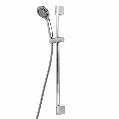 Chrome handheld showerhead with adjustable 24-inch slide bar, flexible hose, and square wall mounts for accessible shower stalls