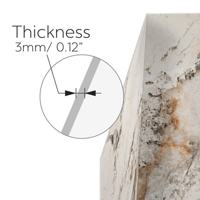 Close-up diagram showing 3mm thickness of Ella's Molten Marble shower wall panel with magnified cross-section detail