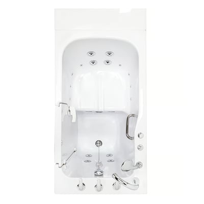 Ella Standard 30x52 white walk-in bathtub with jets, built-in seat, grab bar, door, and chrome faucet fixtures, top-down view