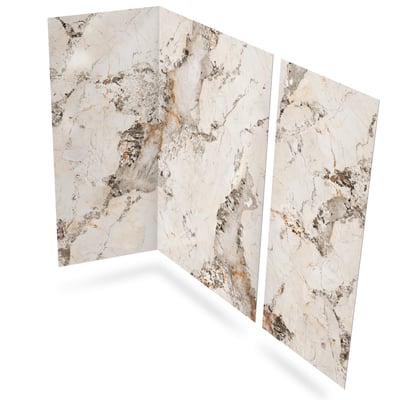 Three-panel acrylic shower wall set in Molten Marble lateral pattern with cream, gray, and gold veining