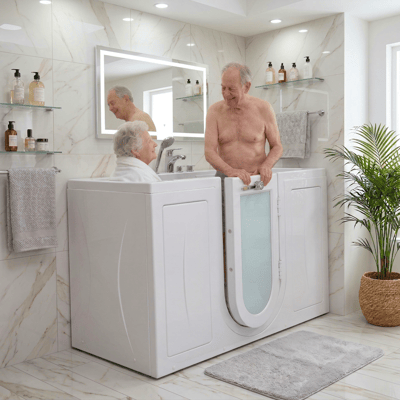 Senior couple smiling together as man assists woman bathing in the Ella Big4Two two-seat walk-in tub with outswing door