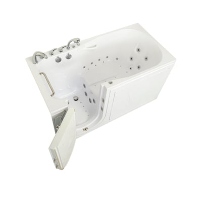 Ella walk-in tub with outward swing door open showing dual hydro and air jet system, grab bar, and anti-slip floor