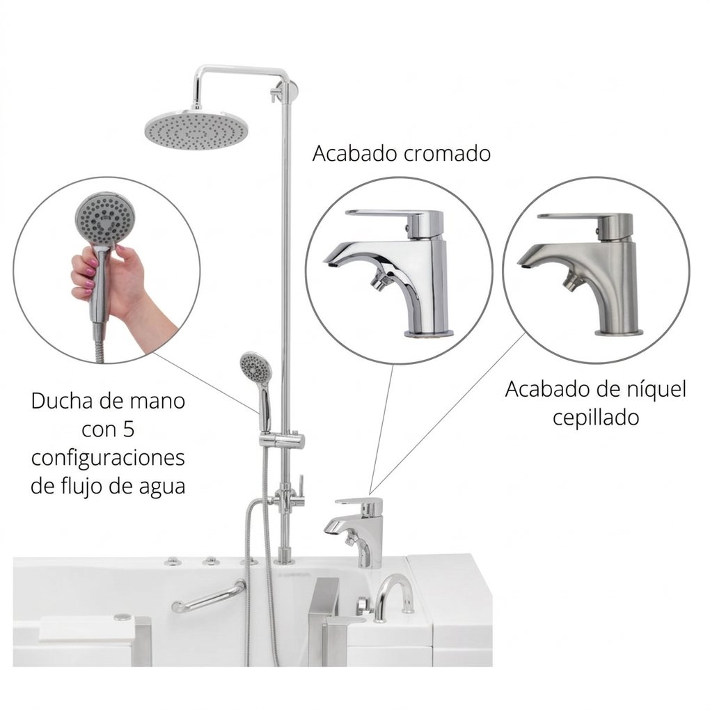 Kit de columna de ducha para bañera que muestra el cabezal de ducha de efecto lluvia, ducha de mano con 5 ajustes y opciones de acabado de grifo en cromo y níquel cepillado