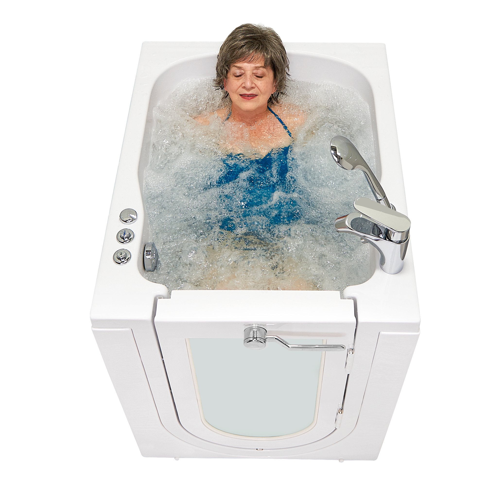 Femme âgée se détendant dans la baignoire à porte Ella Front Entry, porte frontale à ouverture vers l'extérieur et hydromassage en marche