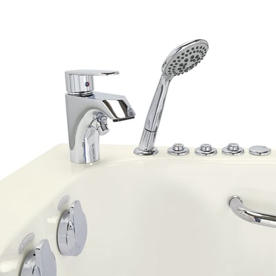 Close-up of chrome faucet, handheld showerhead, jet controls, and grab bar on Ella Transfer30 walk-in tub deck