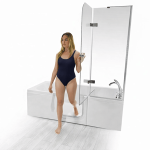 Woman in swimsuit stepping through the low-step inward swing door of the Ella lay-down acrylic walk-in tub with glass panel