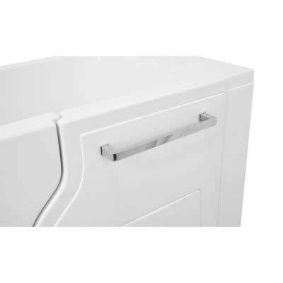 Close-up of the S-Class walk-in tub white acrylic exterior with chrome horizontal grab bar on the inward swing door panel