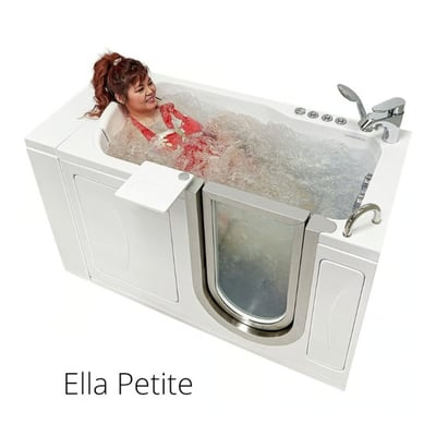 Woman smiling and relaxing in bubbling hydro massage jets inside the Ella Petite walk-in tub with outward swing door