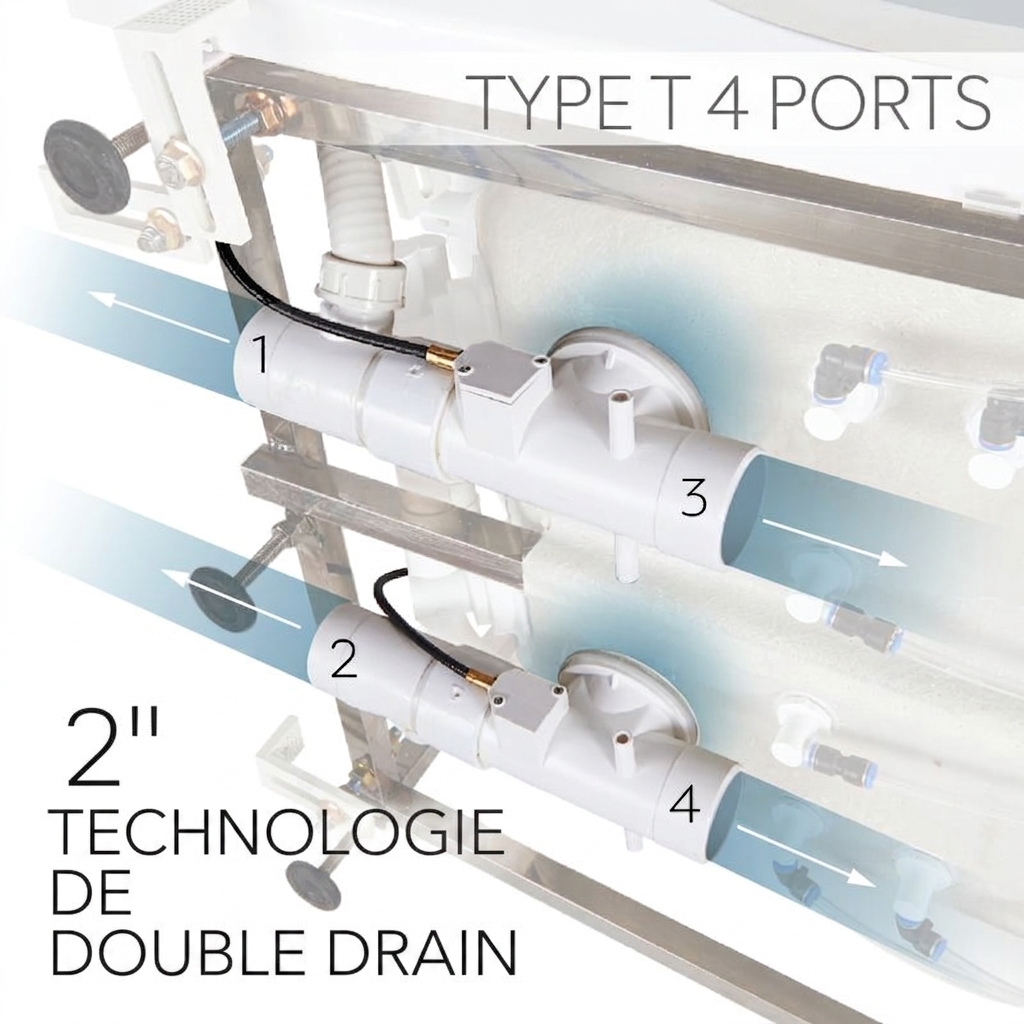 Corps de drain de type T à 4 ports sous une baignoire à porte Ella, avec les ports 1 à 4 étiquetés et les ouvre-bondes à câble fixés