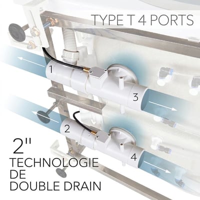 Diagramme en gros plan du système de plomberie à double évacuation 2 pouces T-Type 4 ports de la baignoire à porte Ella