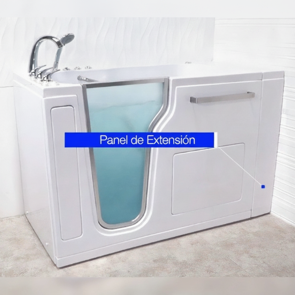 Ella walk-in tub with a label marking the extension panel that fills the gap between the tub and the alcove wall