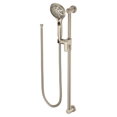 Brushed nickel handheld shower head with slide bar, adjustable bracket, and flexible metal hose for accessible showering