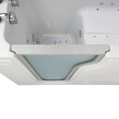 Close-up of Ella walk-in tub interior showing hydro jets, anti-slip floor, and low step-in threshold entry