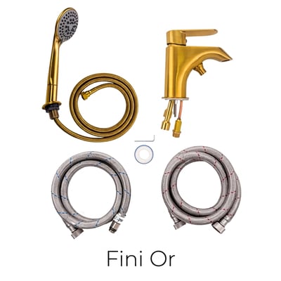 Kit de robinetterie pour baignoire à porte finition dorée avec douchette à main, robinet à levier unique, flexible et flexibles d’alimentation