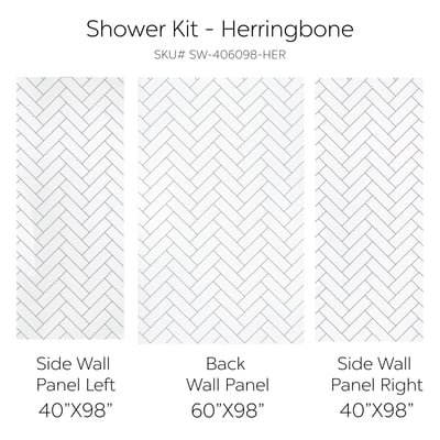 Herringbone pattern acrylic shower wall kit diagram with 40x98 inch sides and a 60x98 inch back wall panel
