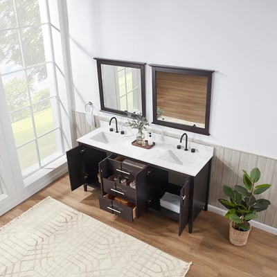 Meuble-lavabo de salle de bains moderne Florence sur pied avec plan en quartz blanc massif -