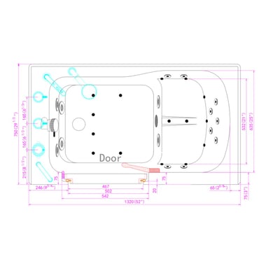 Top-view dimensional diagram of the Ella S-Class 30x52 walk-in tub with right-hand door drain and jet placement labels