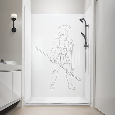 Ella Sparta acrylic shower wall panel featuring a CNC-engraved Spartan warrior line art design with matte black slide bar