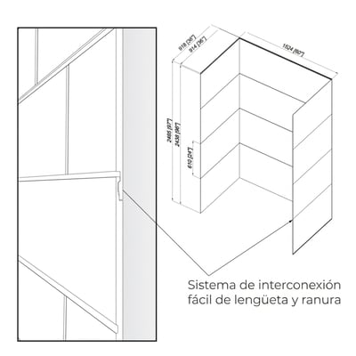 Diagrama técnico del sistema de entrelazado machihembrado del kit de pared de ducha con dimensiones etiquetadas de 36x60 pulgadas y 97 pulgadas de altura