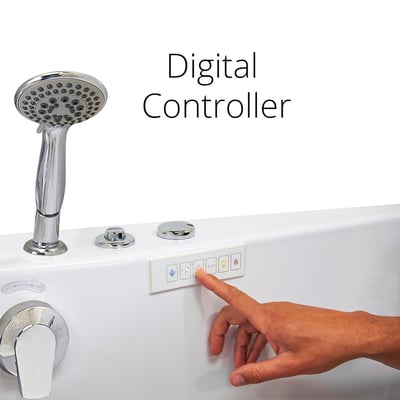 Hand pressing the digital controller panel on the Ella Big4two two-seat walk-in tub with handheld showerhead nearby