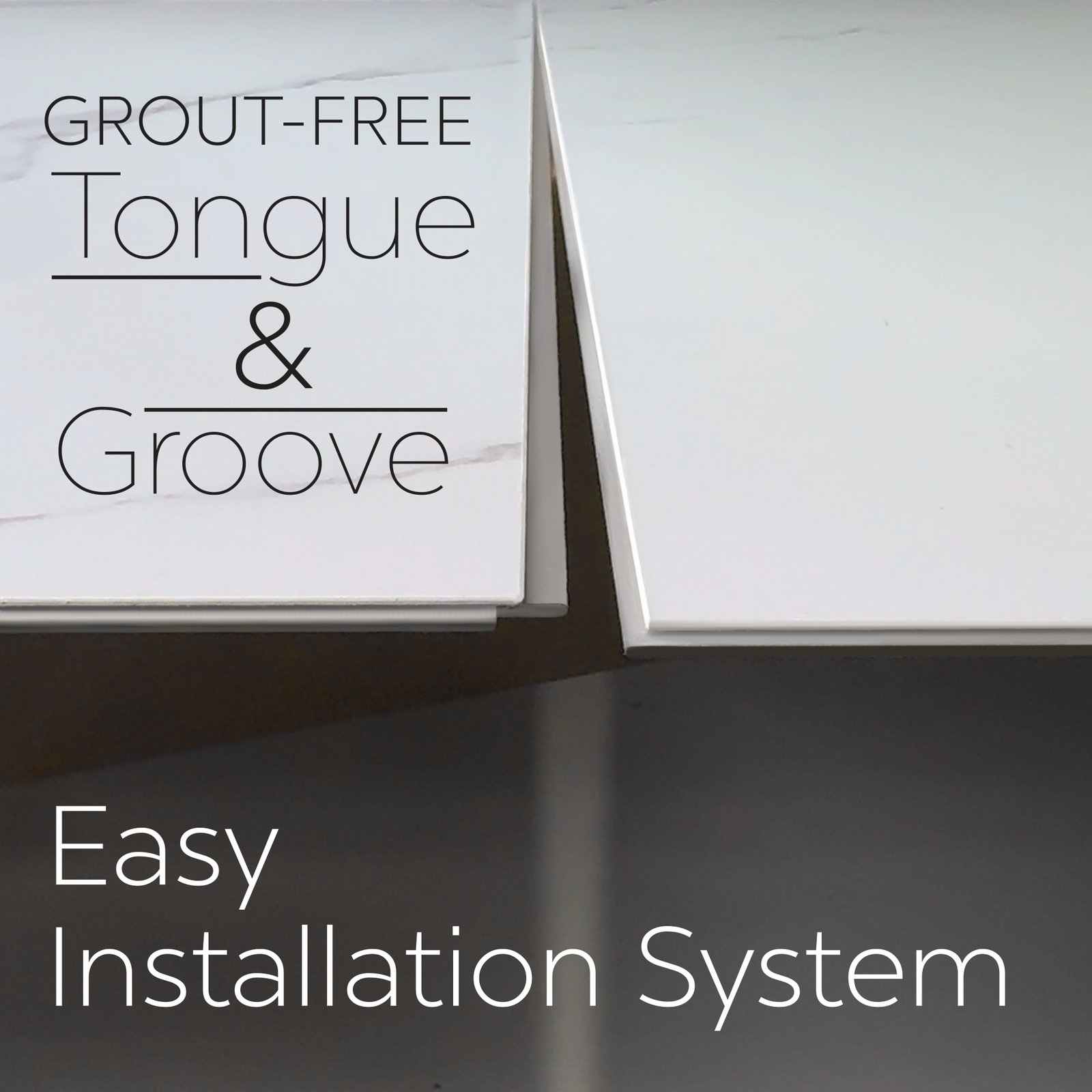 Close-up of grout-free tongue and groove shower wall panels with easy interlocking installation system